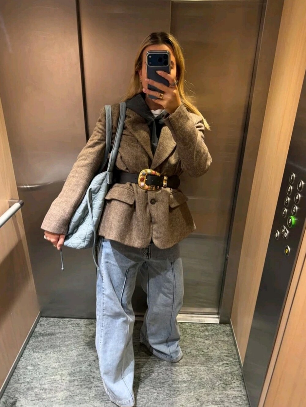 Women's Fashion Commuter Houndstooth Blazer With Belt, Lapel Jacket, Suitable Fo